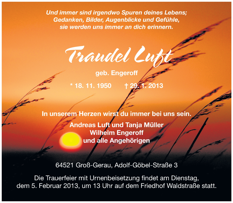  Traueranzeige für Traudel Luft vom 02.02.2013 aus Rüsselsheimer Echo, Groß-Gerauer-Echo, Ried Echo