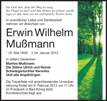 Traueranzeige von Erwin Wilhelm Mußmann von Odenwälder Echo