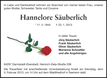 Traueranzeige von Hannelore Säuberlich von Echo-Zeitungen (Gesamtausgabe)