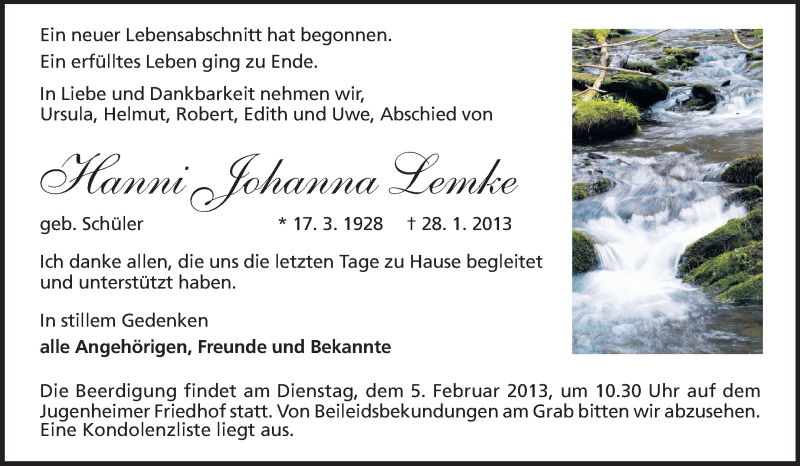  Traueranzeige für Hanni Johanna Lemke vom 02.02.2013 aus Echo-Zeitungen (Gesamtausgabe)