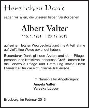 Traueranzeige von Albert Valter von Echo-Zeitungen (Gesamtausgabe)