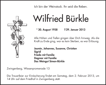 Traueranzeige von Wilfried Bürkle von Echo-Zeitungen (Gesamtausgabe)