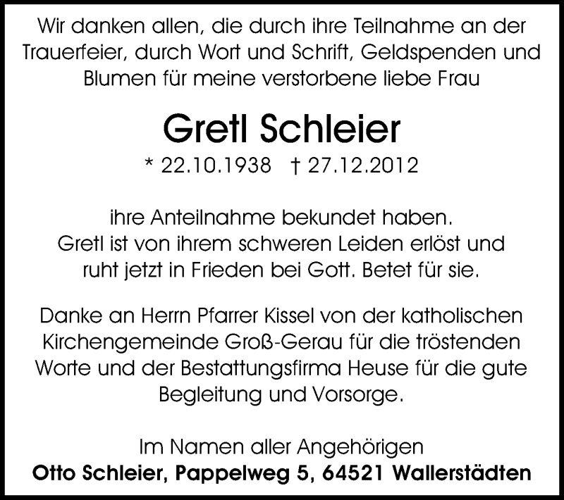  Traueranzeige für Gretl Schleier vom 02.02.2013 aus Rüsselsheimer Echo, Groß-Gerauer-Echo, Ried Echo