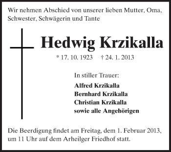 Traueranzeige von Hedwig Krzikalla von Echo-Zeitungen (Gesamtausgabe)