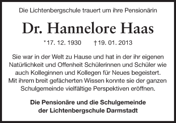 Traueranzeige von Hannelore Haas von Echo-Zeitungen (Gesamtausgabe)