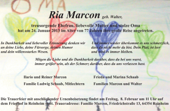 Traueranzeige von Ria Marcon von Echo-Zeitungen (Gesamtausgabe)