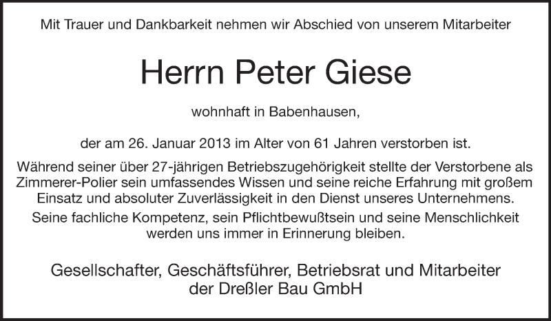 Traueranzeige für Peter Giese vom 02.02.2013 aus Echo-Zeitungen (Gesamtausgabe)