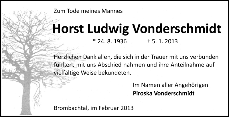  Traueranzeige für Horst Ludwig Vonderschmidt vom 02.02.2013 aus Echo-Zeitungen (Gesamtausgabe)