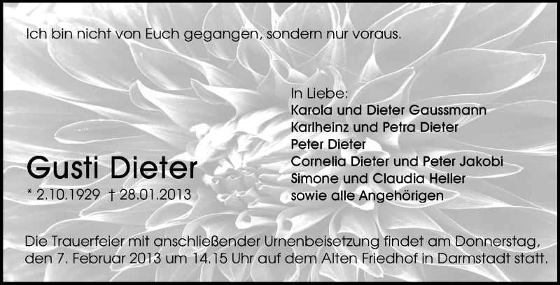  Traueranzeige für Gusti Dieter vom 02.02.2013 aus Echo-Zeitungen (Gesamtausgabe)