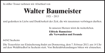 Traueranzeige von Walter Baumeister von Echo-Zeitungen (Gesamtausgabe)
