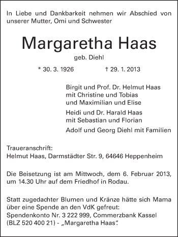 Traueranzeige von Margaretha Haas von Echo-Zeitungen (Gesamtausgabe)