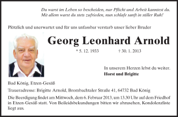 Traueranzeige von Georg Leonhard Arnold von Echo-Zeitungen (Gesamtausgabe)