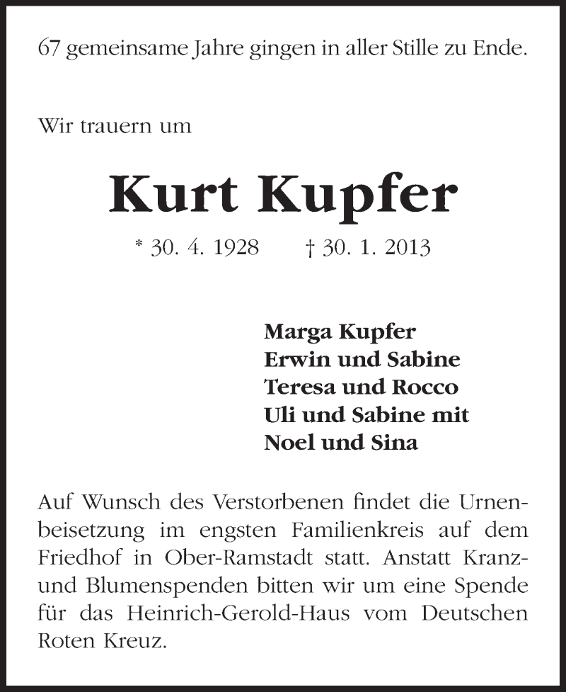  Traueranzeige für Kurt Kupfer vom 02.02.2013 aus Darmstädter Echo, Odenwälder Echo, Rüsselsheimer Echo, Groß-Gerauer-Echo, Ried Echo