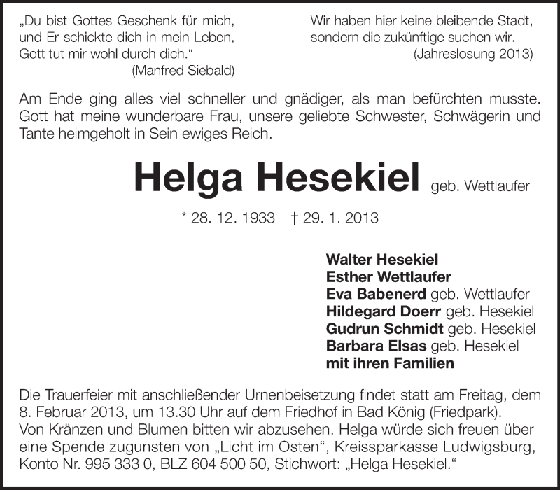  Traueranzeige für Helga Hesekiel vom 06.02.2013 aus Odenwälder Echo