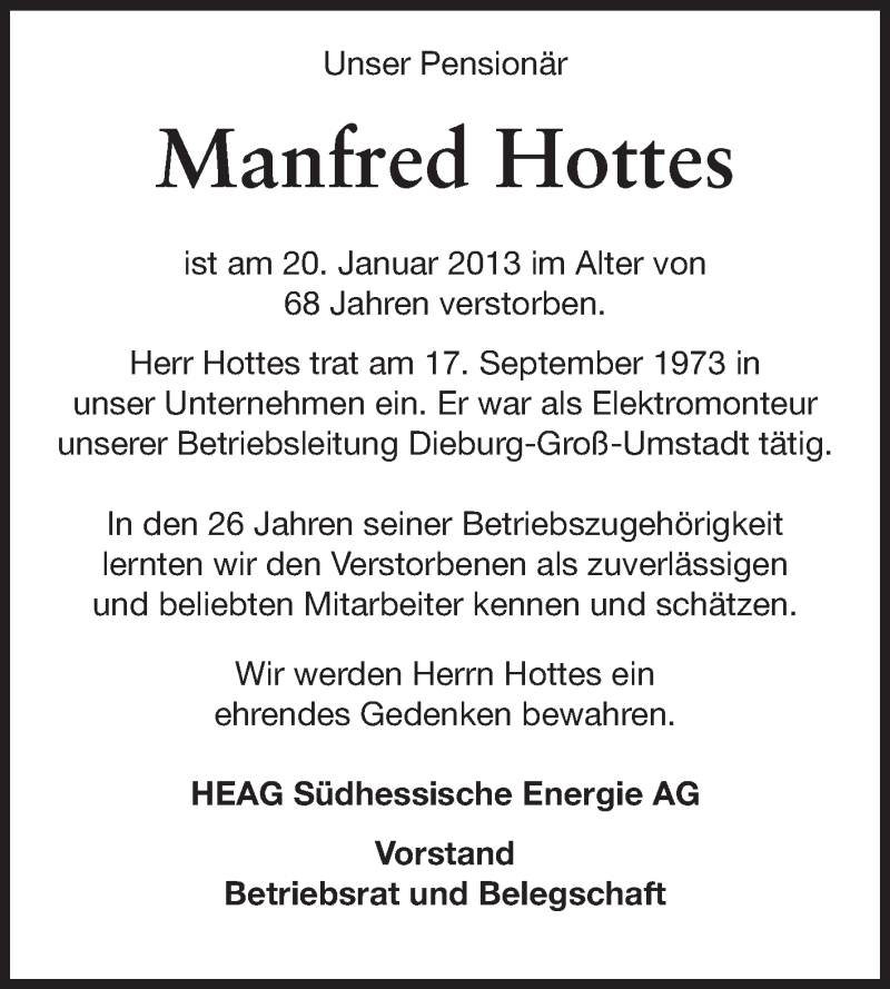  Traueranzeige für Manfred Hottes vom 02.02.2013 aus Echo-Zeitungen (Gesamtausgabe)