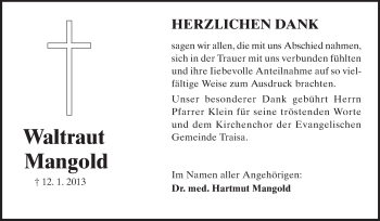 Traueranzeige von Waltraut Mangold von Echo-Zeitungen (Gesamtausgabe)