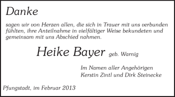 Traueranzeige von Heike Bayer von Darmstädter Echo, Odenwälder Echo, Rüsselsheimer Echo, Groß-Gerauer-Echo, Ried Echo