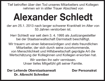 Traueranzeige von Alexander Schledt von Echo-Zeitungen (Gesamtausgabe)