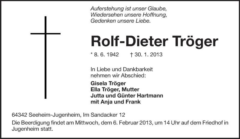  Traueranzeige für Rolf-Dieter Tröger vom 02.02.2013 aus Echo-Zeitungen (Gesamtausgabe)