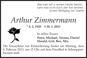 Traueranzeige von Arthur Zimmermann von Echo-Zeitungen (Gesamtausgabe)