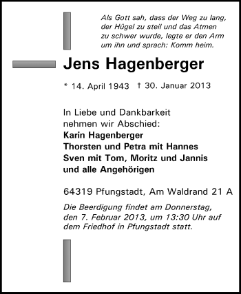 Traueranzeige von Jens Hagenberger von Echo-Zeitungen (Gesamtausgabe)