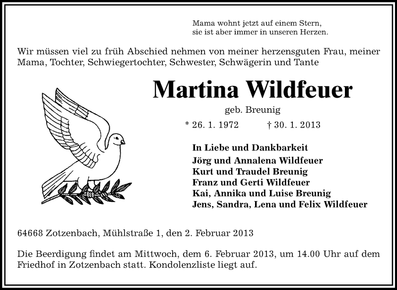  Traueranzeige für Martina Wildfeuer vom 02.02.2013 aus Starkenburger Echo