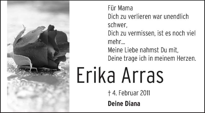  Traueranzeige für Erika Arras vom 04.02.2013 aus Echo-Zeitungen (Gesamtausgabe)