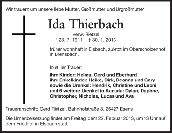 Traueranzeige von Ida Thierbach von Odenwälder Echo
