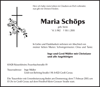 Traueranzeige von Maria Schöps von Rüsselsheimer Echo, Groß-Gerauer-Echo, Ried Echo