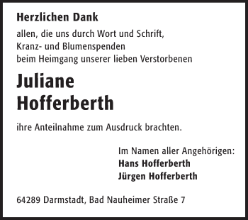 Traueranzeige von Juliane Hofferberth von Echo-Zeitungen (Gesamtausgabe)