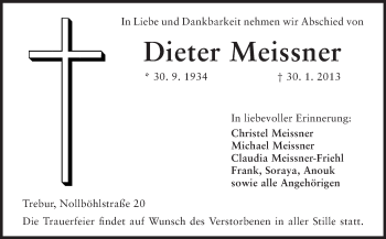 Traueranzeige von Dieter Meissner von Rüsselsheimer Echo, Groß-Gerauer-Echo, Ried Echo