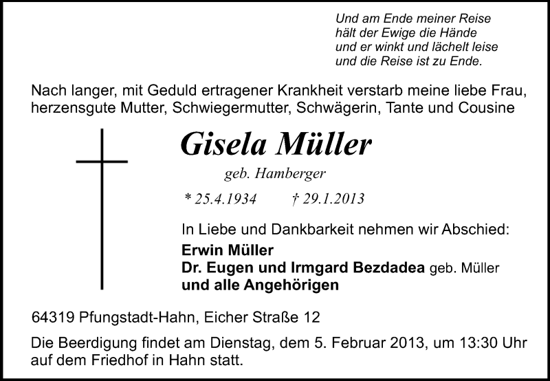  Traueranzeige für Gisela Müller vom 04.02.2013 aus Echo-Zeitungen (Gesamtausgabe)