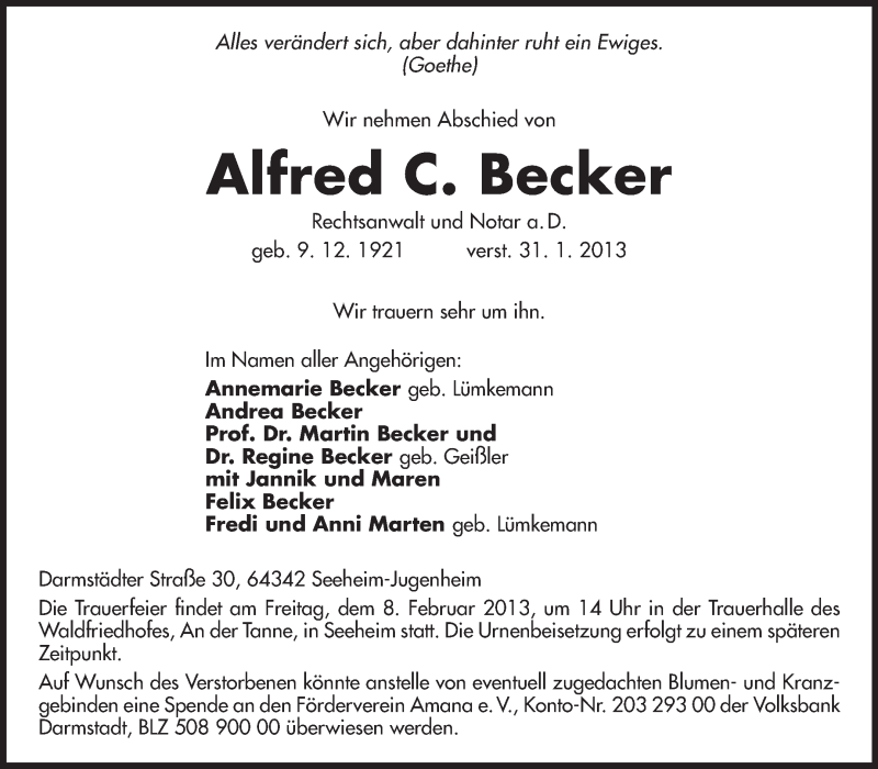  Traueranzeige für Alfred C. Becker vom 06.02.2013 aus Echo-Zeitungen (Gesamtausgabe)