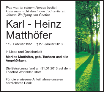 Traueranzeige von Karl - Heinz Matthöfer von Echo-Zeitungen (Gesamtausgabe)