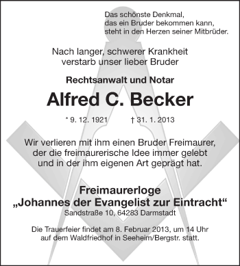 Traueranzeige von Alfred Becker von Echo-Zeitungen (Gesamtausgabe)