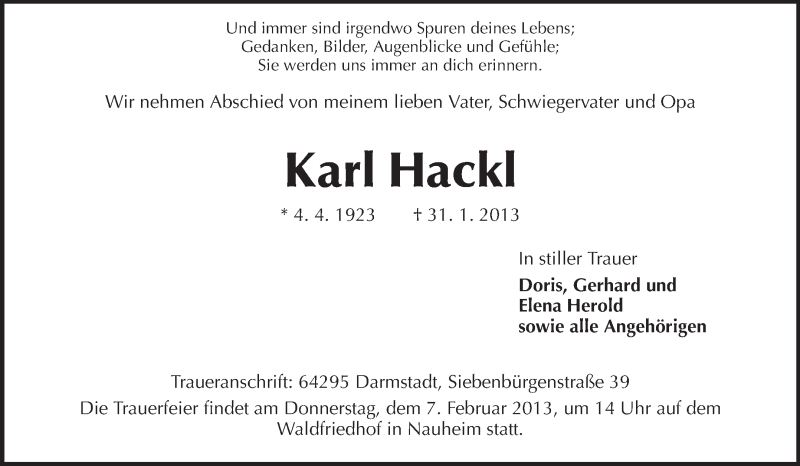  Traueranzeige für Karl Hackl vom 05.02.2013 aus Rüsselsheimer Echo, Groß-Gerauer-Echo, Ried Echo
