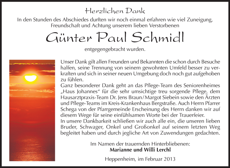  Traueranzeige für Günter Paul Schmidl vom 07.02.2013 aus Starkenburger Echo