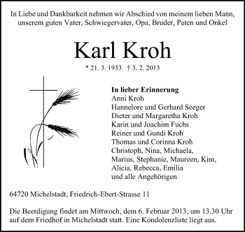 Traueranzeige von Karl Kroh von Odenwälder Echo