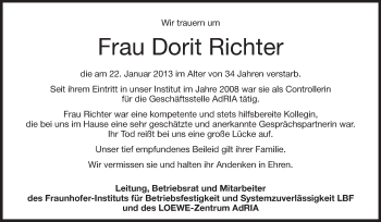 Traueranzeige von Dorit Richter von Echo-Zeitungen (Gesamtausgabe)