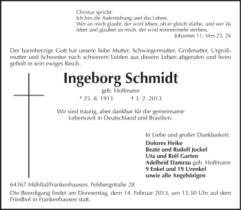 Traueranzeige von Ingeborg Schmidt von Echo-Zeitungen (Gesamtausgabe)
