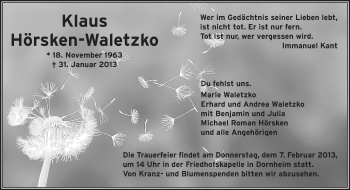 Traueranzeige von Klaus Waletzko-Hörsken von Rüsselsheimer Echo, Groß-Gerauer-Echo, Ried Echo