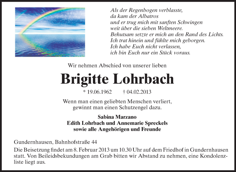  Traueranzeige für Brigitte Lohrbach vom 06.02.2013 aus Echo-Zeitungen (Gesamtausgabe)