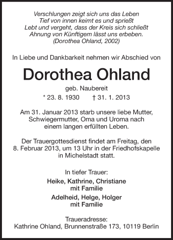 Traueranzeige von Dorothea Ohland von Odenwälder Echo