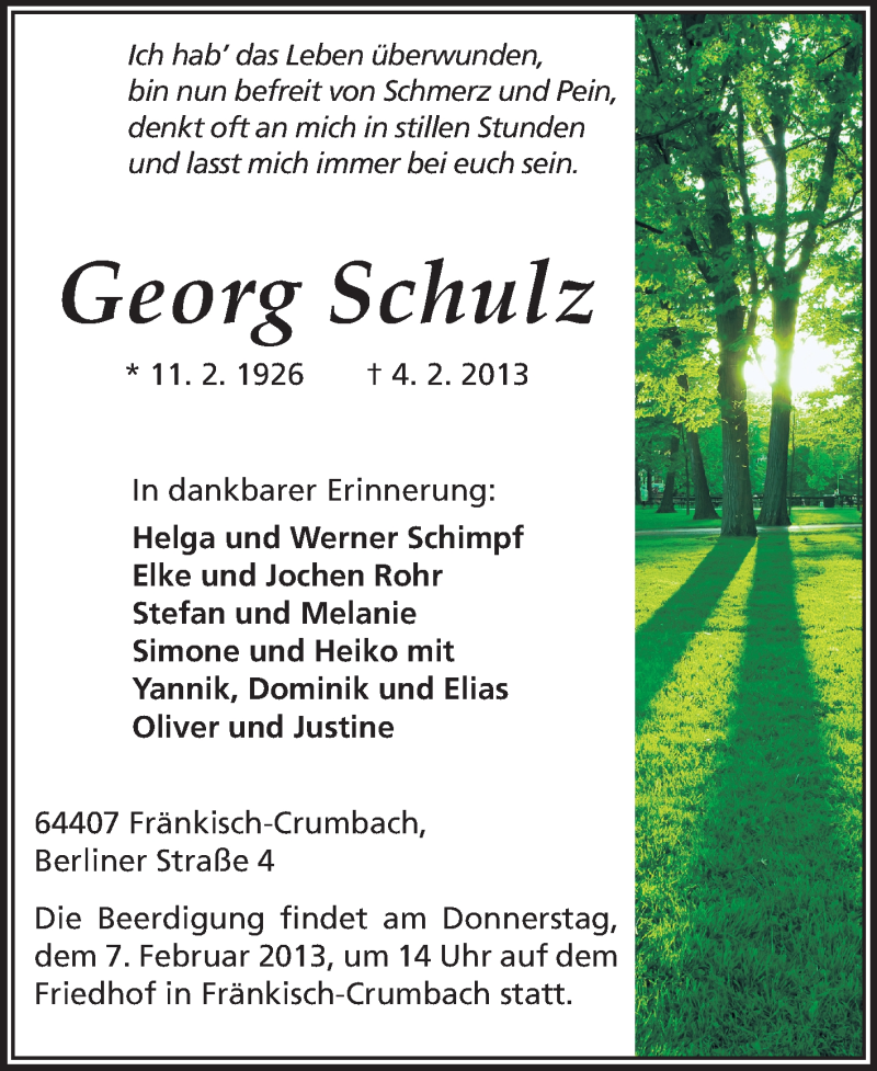 Traueranzeige für Georg Schulz vom 06.02.2013 aus Odenwälder Echo