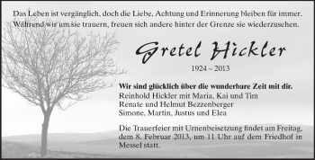 Traueranzeige von Gretel Hickler von Echo-Zeitungen (Gesamtausgabe)
