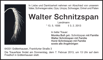 Traueranzeige von Walter Schnitzspan von Echo-Zeitungen (Gesamtausgabe)