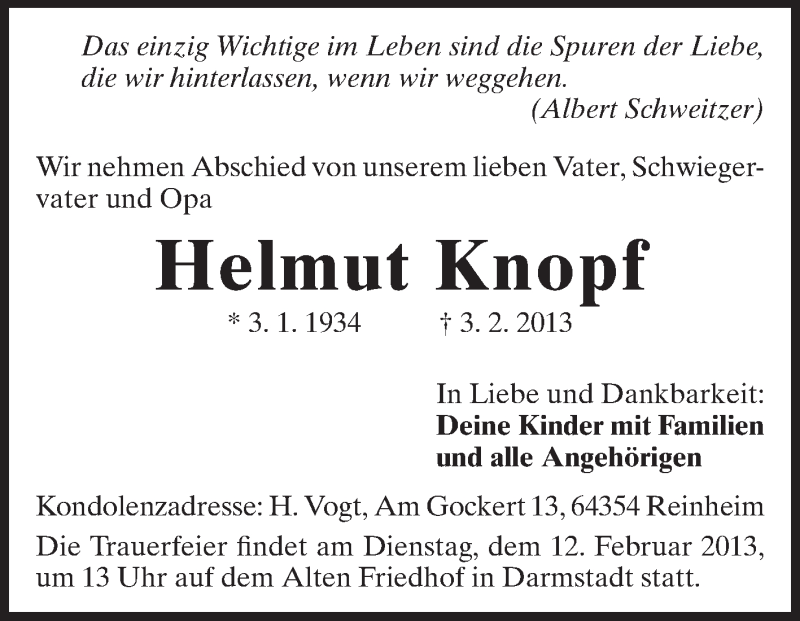  Traueranzeige für Helmut Knopf vom 08.02.2013 aus Darmstädter Echo, Odenwälder Echo, Rüsselsheimer Echo, Groß-Gerauer-Echo, Ried Echo