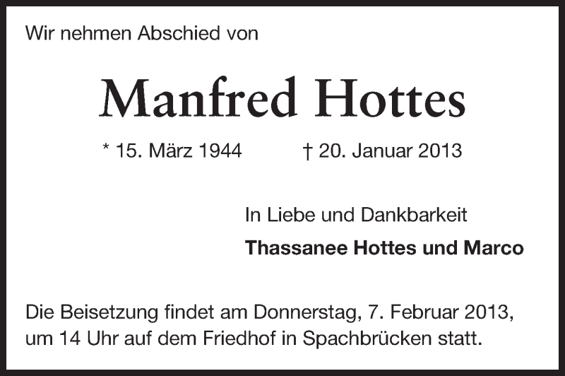  Traueranzeige für Manfred Hottes vom 06.02.2013 aus Echo-Zeitungen (Gesamtausgabe)