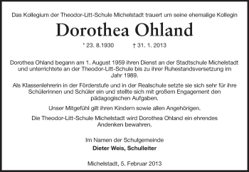 Traueranzeige von Dorothea Ohland von Odenwälder Echo