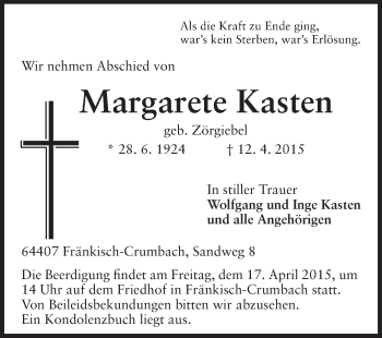 Traueranzeige von Margarete Kasten von Echo-Zeitungen (Gesamtausgabe)